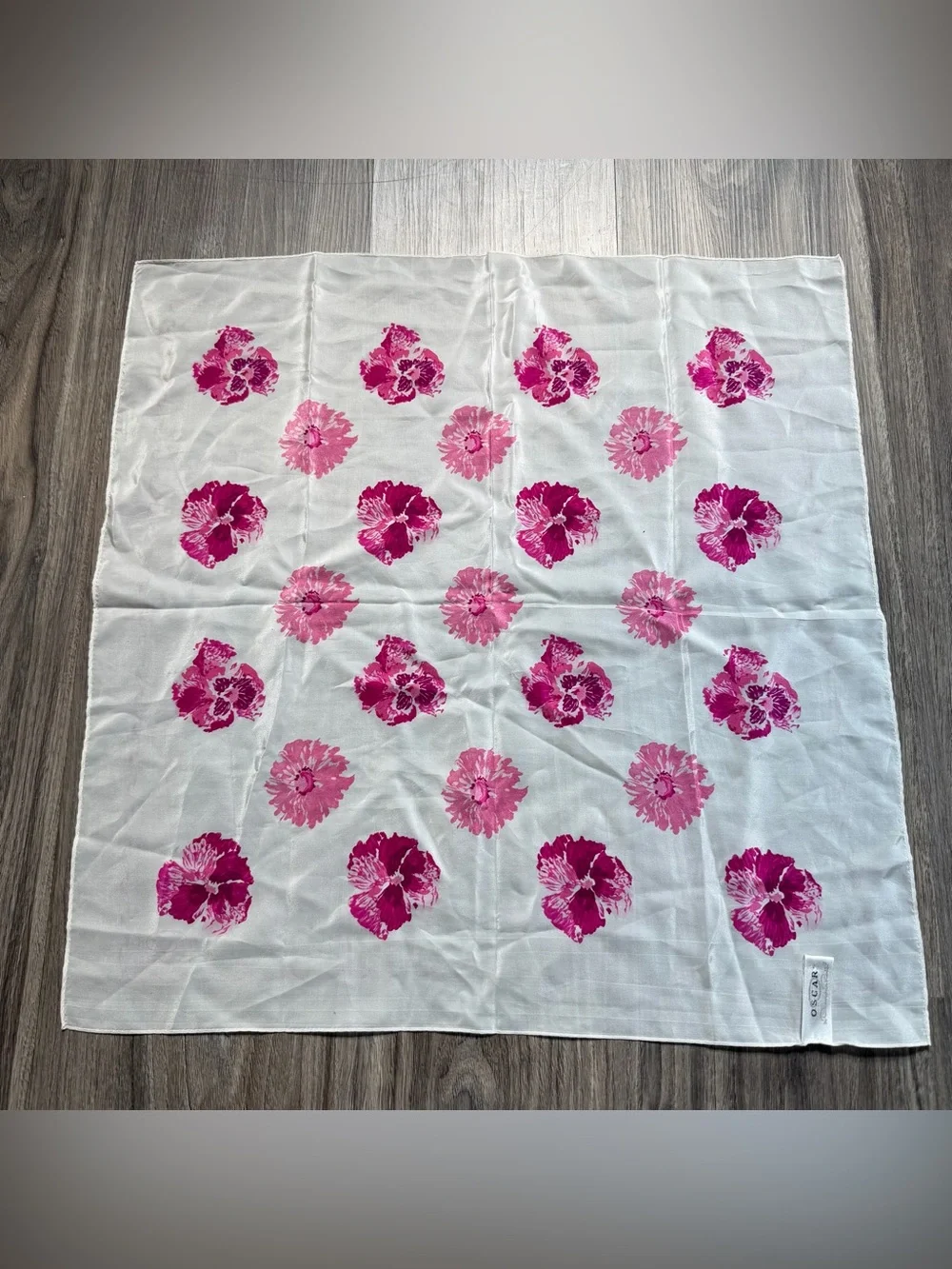 Vintage Oscar De La Renta Pink and White Floral Silk Scarf